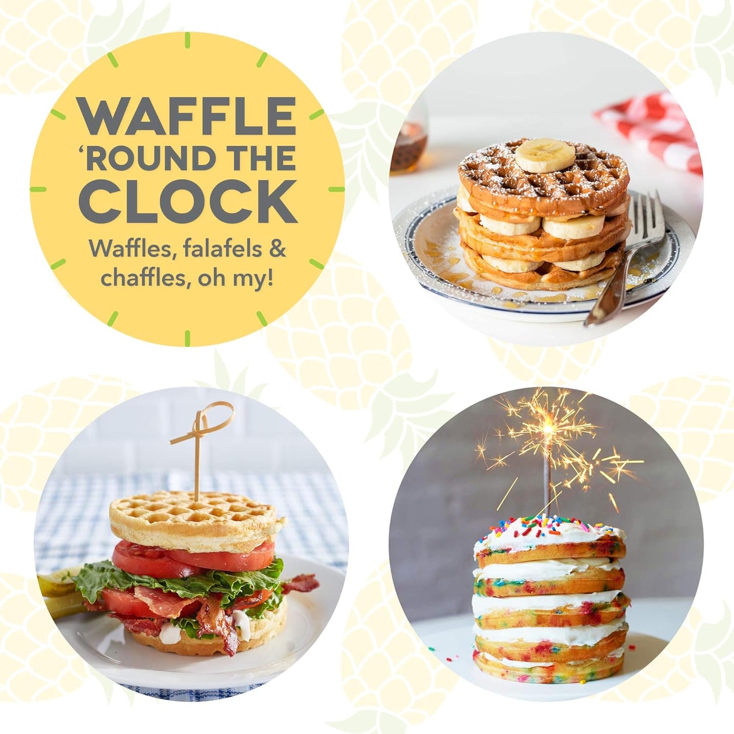 Mini Maker for Individual Waffles, Hash Browns, Keto Chaffles with Easy to Clean, Non-Stick Surfaces, 4 Inch, White Pineapple